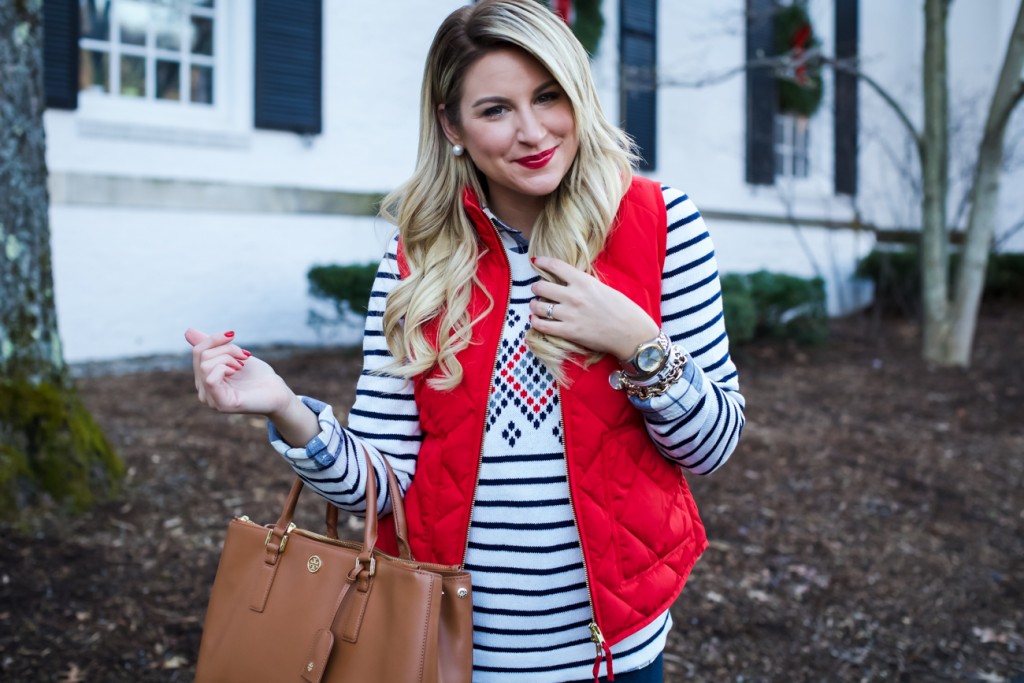 Jcrew Sweater with excursion Vest Gingham and Red Hunter Boots-11