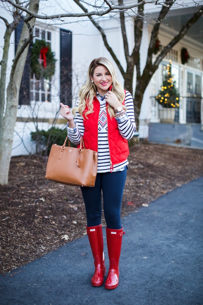 Jcrew Sweater with excursion Vest Gingham and Red Hunter Boots-2