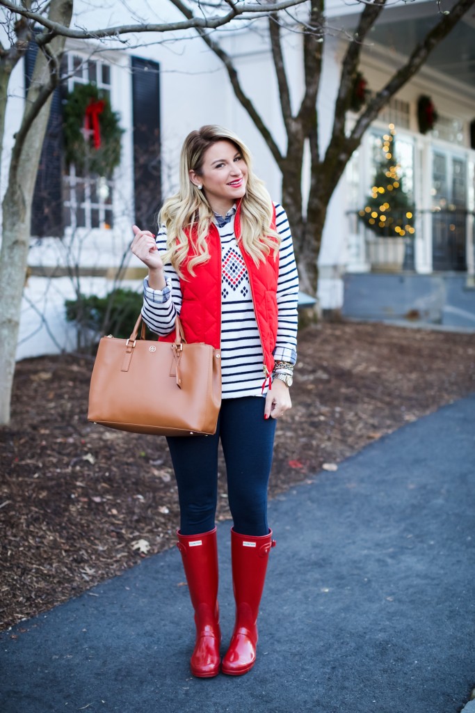 Jcrew Sweater with excursion Vest Gingham and Red Hunter Boots-3