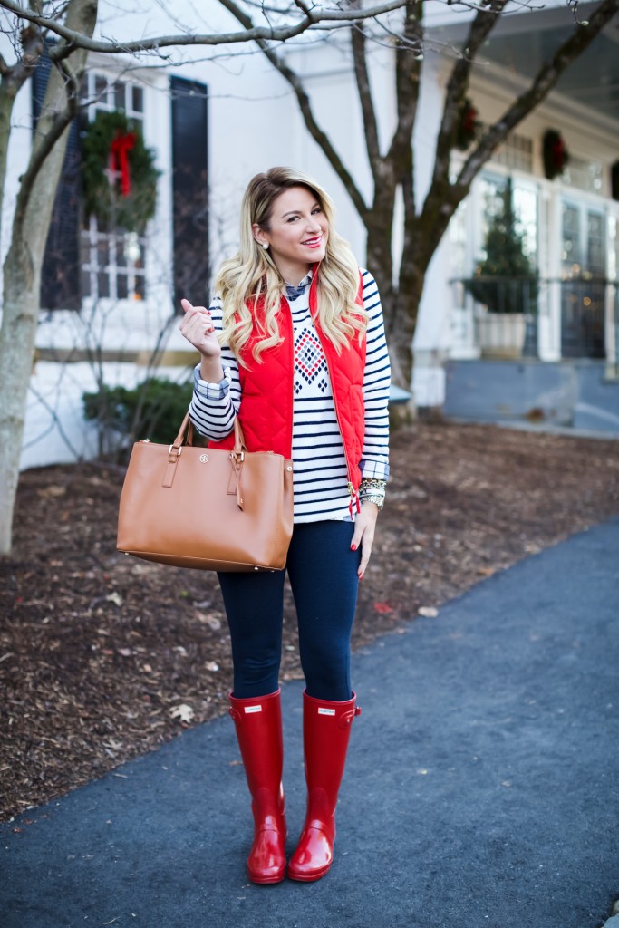 Jcrew Sweater with excursion Vest Gingham and Red Hunter Boots-4
