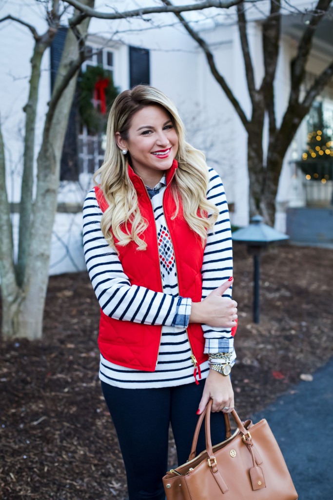 Jcrew Sweater with excursion Vest Gingham and Red Hunter Boots-5