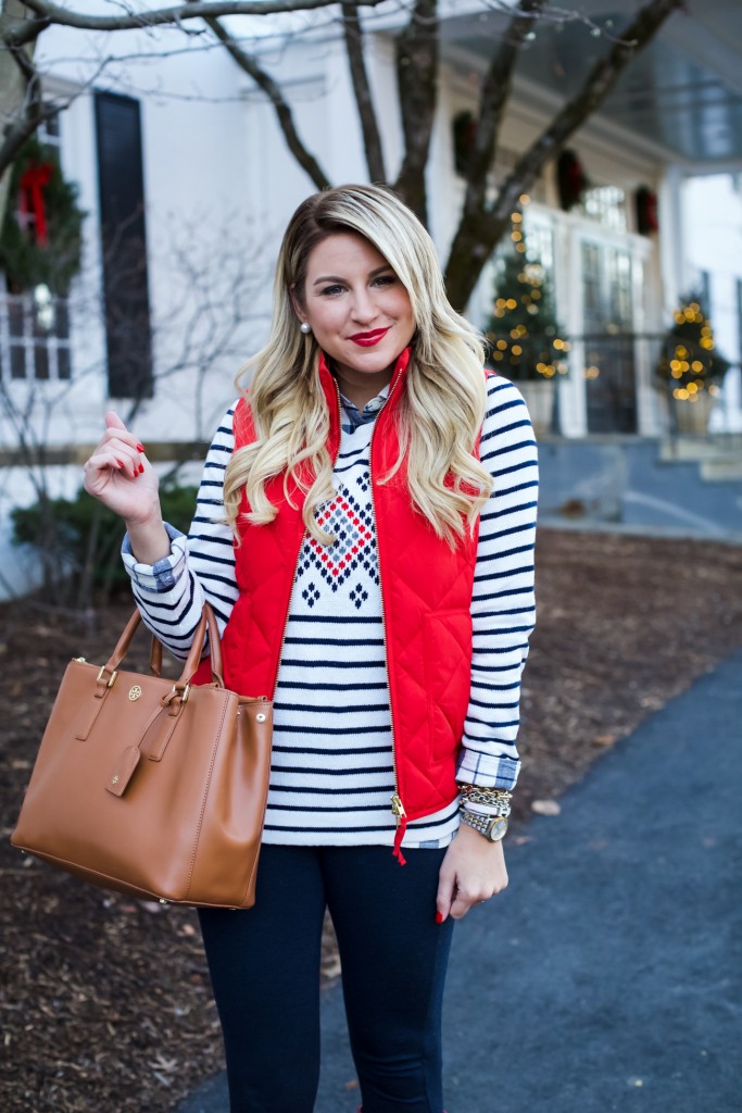 Jcrew Sweater with excursion Vest Gingham and Red Hunter Boots-6