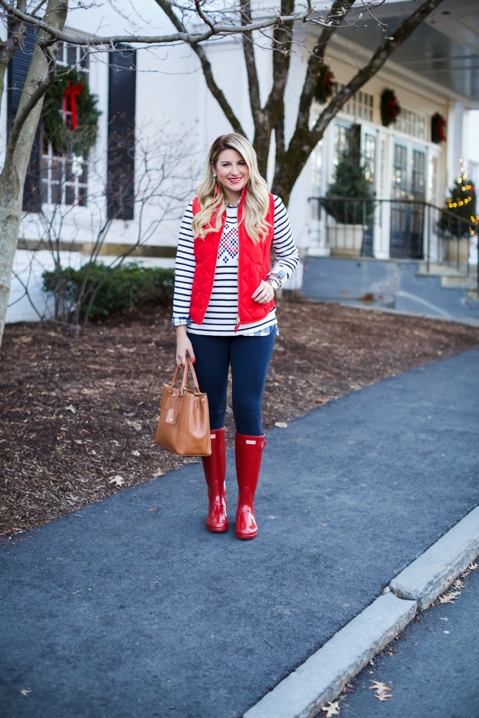 Jcrew Sweater with excursion Vest Gingham and Red Hunter Boots