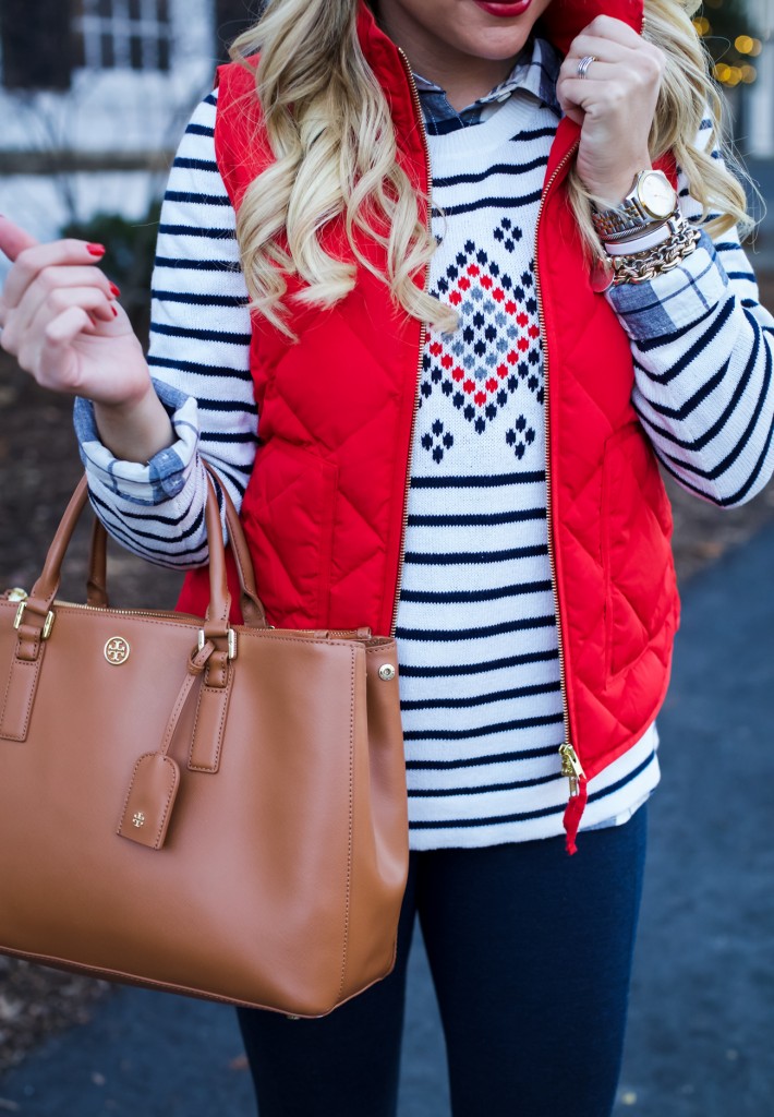 Jcrew Sweater with excursion Vest Gingham and Red Hunter Boots-7