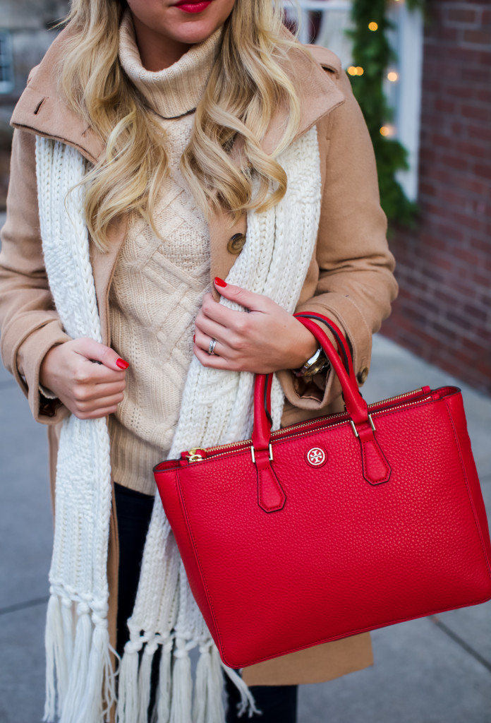 Tory Burch Robinson Tote, Topshop Knit Scarf, Loft Rolled Collar Tie Coat,  J Crew Cambridge Sweater, Ugg lace Up Boots
