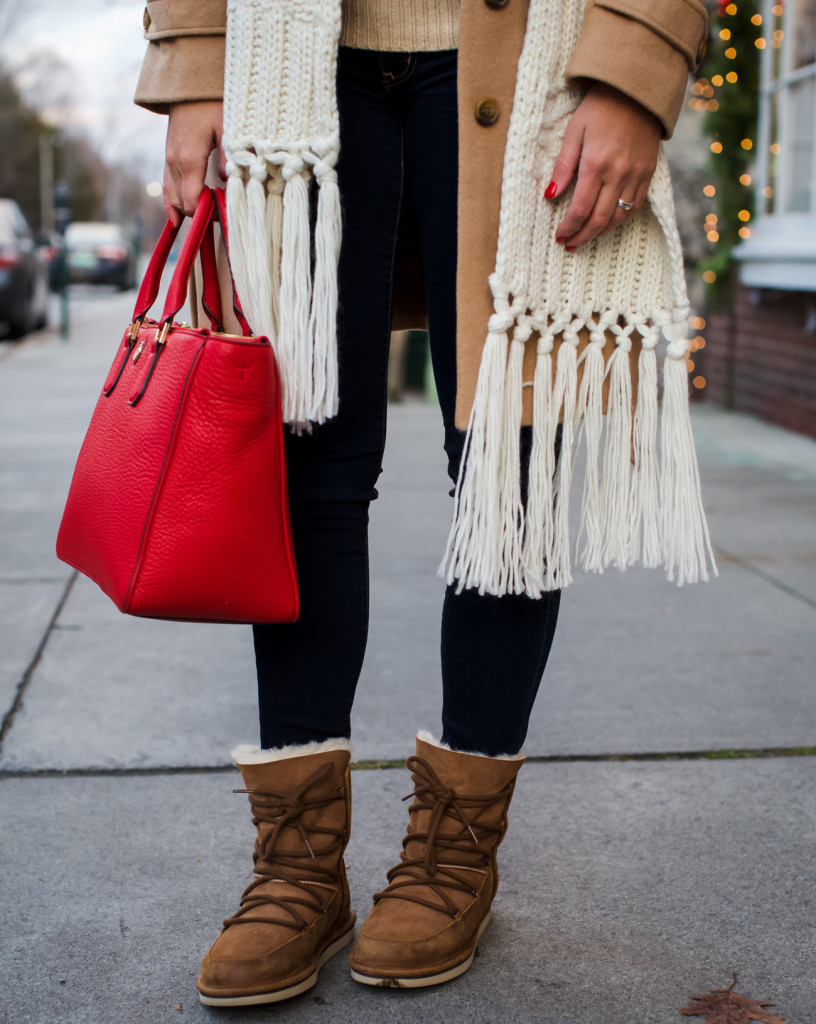 Tory Burch Robinson Tote, Topshop Knit Scarf, Loft Rolled Collar Tie Coat,  J Crew Cambridge Sweater, Ugg lace Up Boots