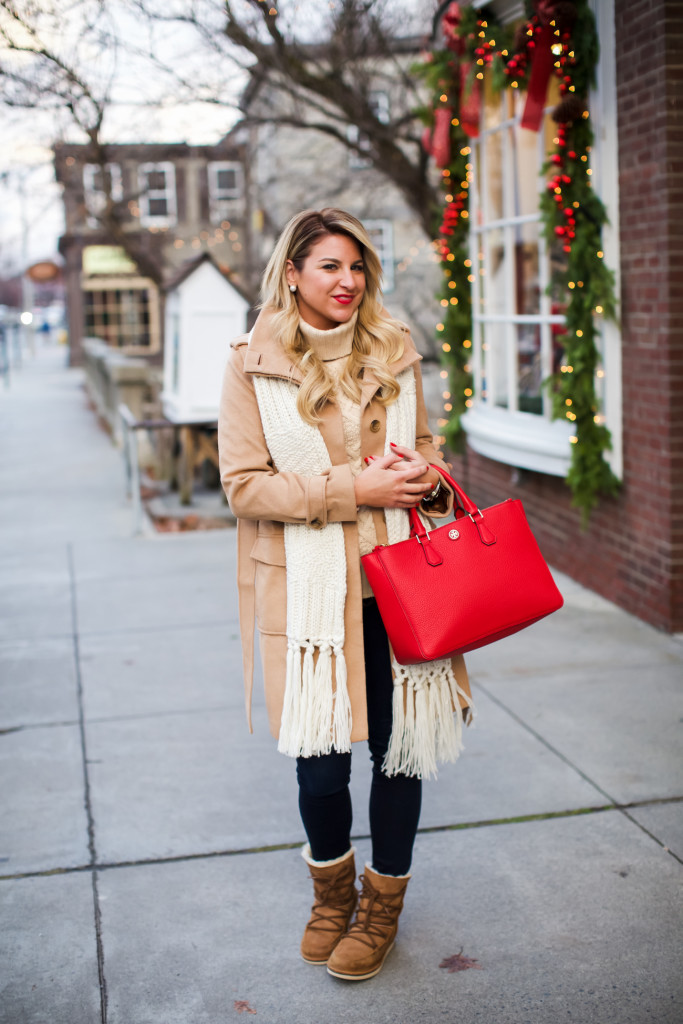 Tory Burch Robinson Tote, Topshop Knit Scarf, Loft Rolled Collar Tie Coat,  J Crew Cambridge Sweater, Ugg lace Up Boots