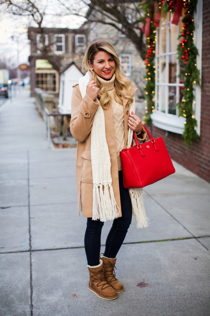Tory Burch Robinson Tote, Topshop Knit Scarf, Loft Rolled Collar Tie Coat,  J Crew Cambridge Sweater, Ugg lace Up Boots