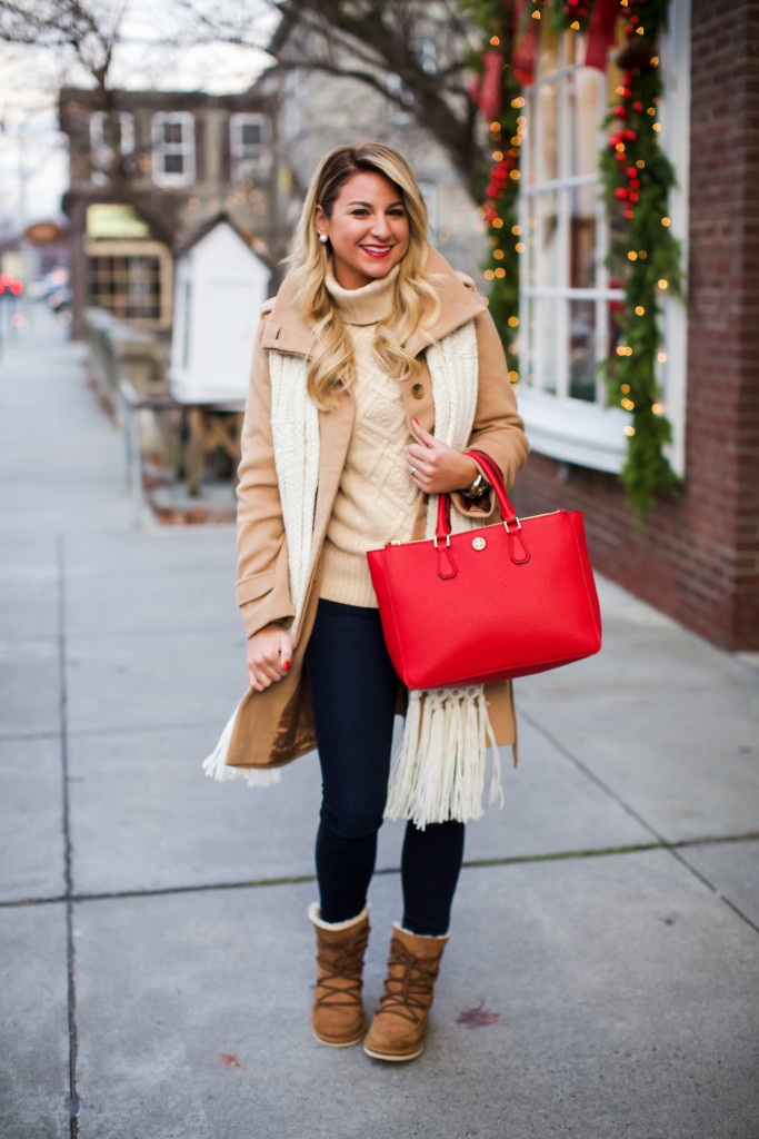 Tory Burch Robinson Tote, Topshop Knit Scarf, Loft Rolled Collar Tie Coat,  J Crew Cambridge Sweater, Ugg lace Up Boots