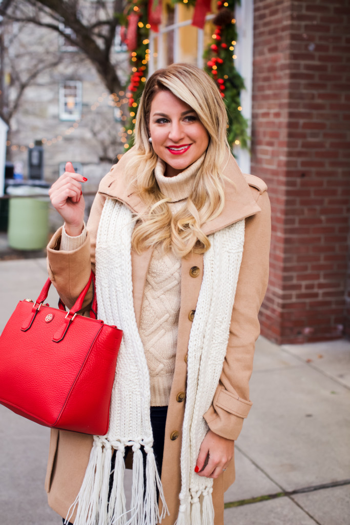Tory Burch Robinson Tote, Topshop Knit Scarf, Loft Rolled Collar Tie Coat,  J Crew Cambridge Sweater, Ugg lace Up Boots