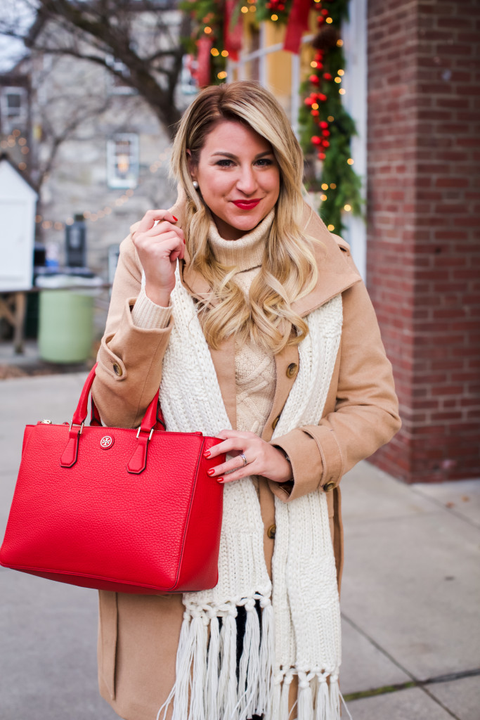 Tory Burch Robinson Tote, Topshop Knit Scarf, Loft Rolled Collar Tie Coat,  J Crew Cambridge Sweater, Ugg lace Up Boots