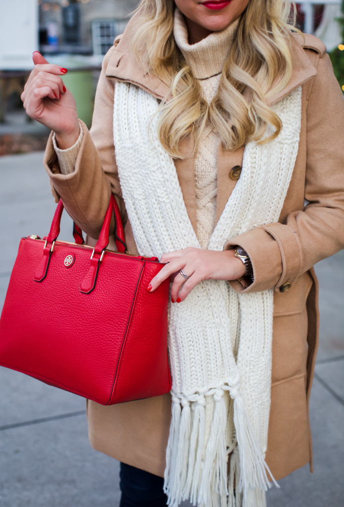 Tory Burch Robinson Tote, Topshop Knit Scarf, Loft Rolled Collar Tie Coat,  J Crew Cambridge Sweater, Ugg lace Up Boots