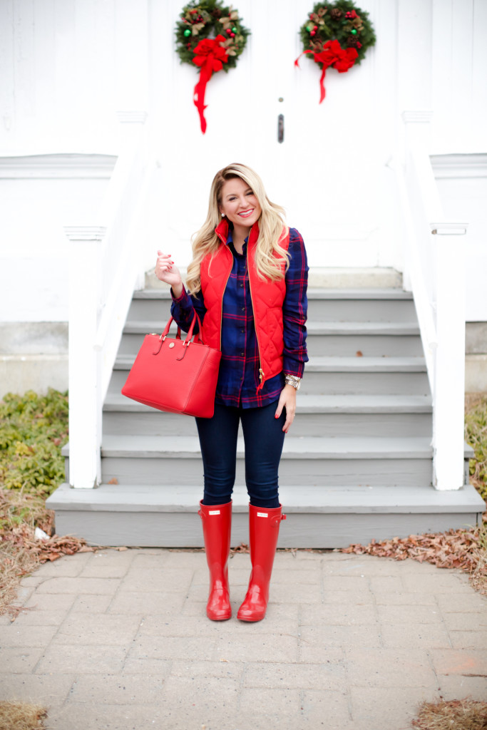 Red Poppy Vest J.Crew Nordstrom Plaid Tunic with Red Hunter Hoots and Tory Burch Handbag. What to wear in December Christmas Party-2