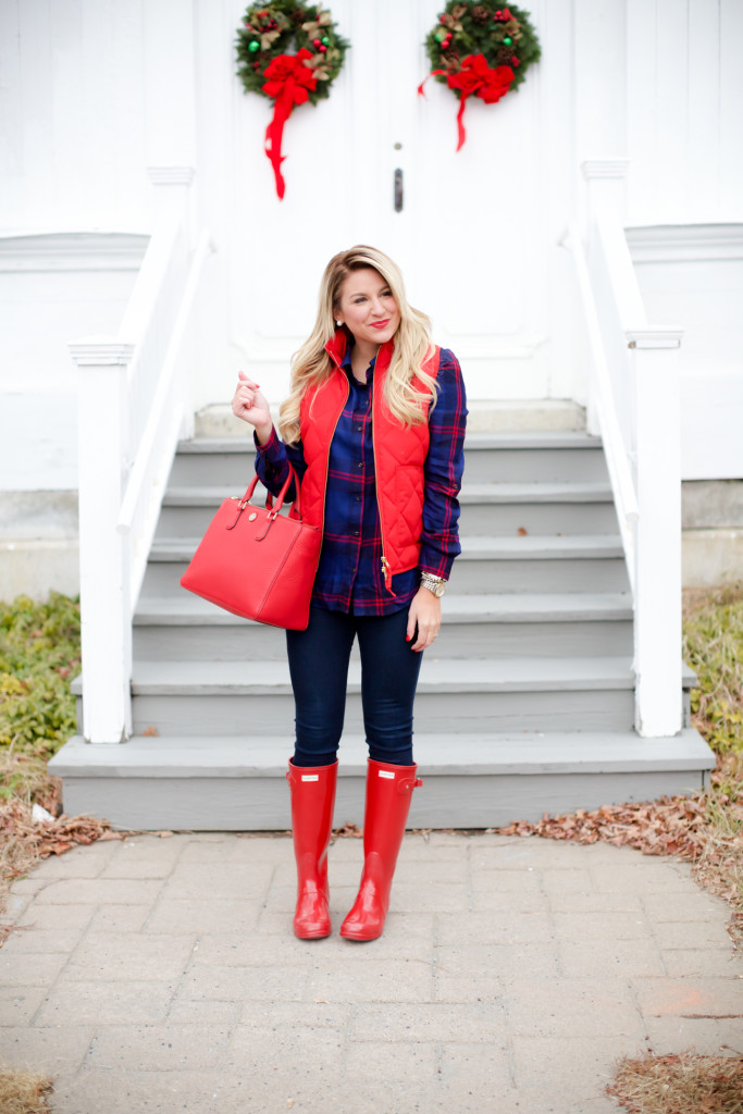 Red Poppy Vest J.Crew Nordstrom Plaid Tunic with Red Hunter Hoots and Tory Burch Handbag. What to wear in December Christmas Party-3
