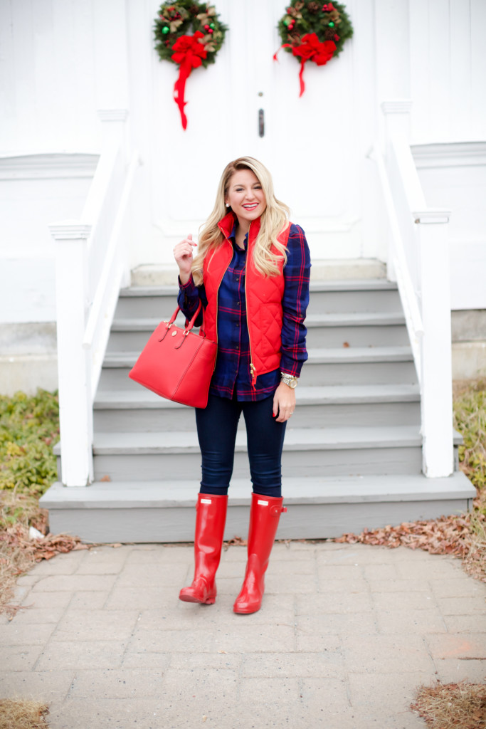 Red Poppy Vest J.Crew Nordstrom Plaid Tunic with Red Hunter Hoots and Tory Burch Handbag. What to wear in December Christmas Party-4