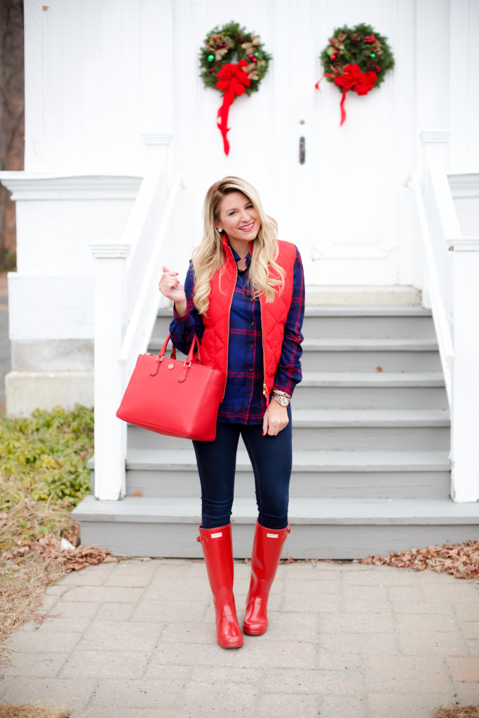 Red Poppy Vest J.Crew Nordstrom Plaid Tunic with Red Hunter Hoots and Tory Burch Handbag. What to wear in December Christmas Party-5