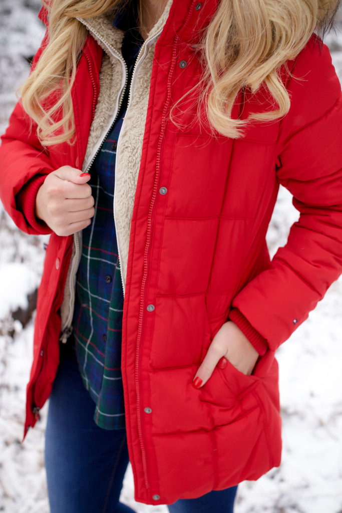 Red puffer snow coat with plaid shirt patagonia soft vest and ugg boots-10
