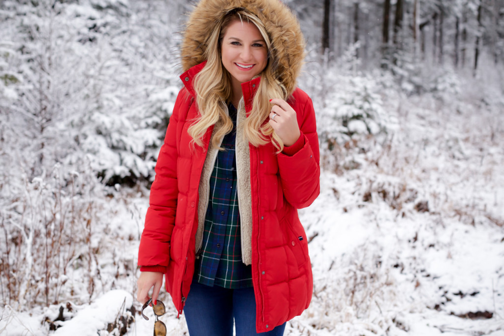 Red puffer snow coat with plaid shirt patagonia soft vest and ugg boots-13