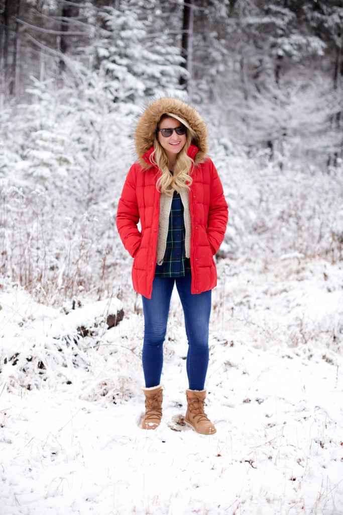 Red puffer snow coat with plaid shirt patagonia soft vest and ugg boots-2