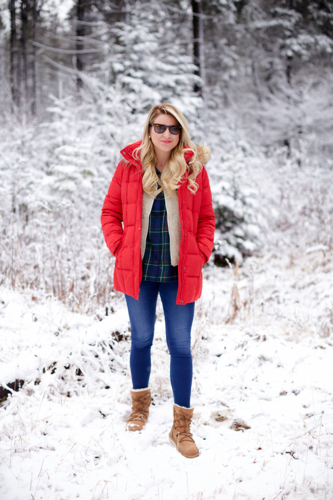 Red puffer snow coat with plaid shirt patagonia soft vest and ugg boots-3