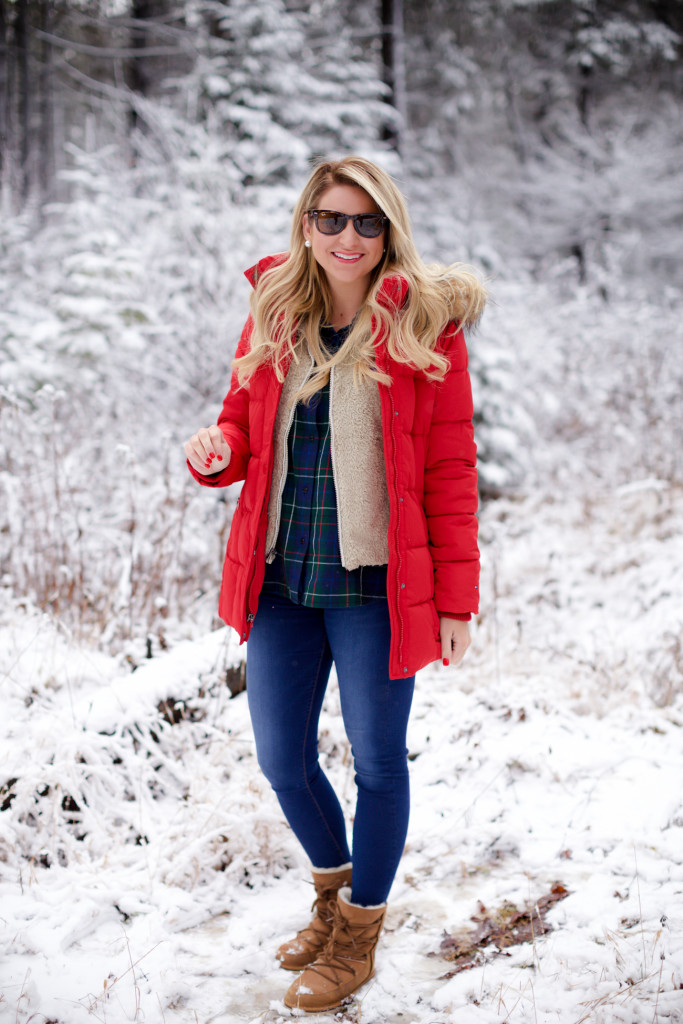 Red puffer snow coat with plaid shirt patagonia soft vest and ugg boots-4