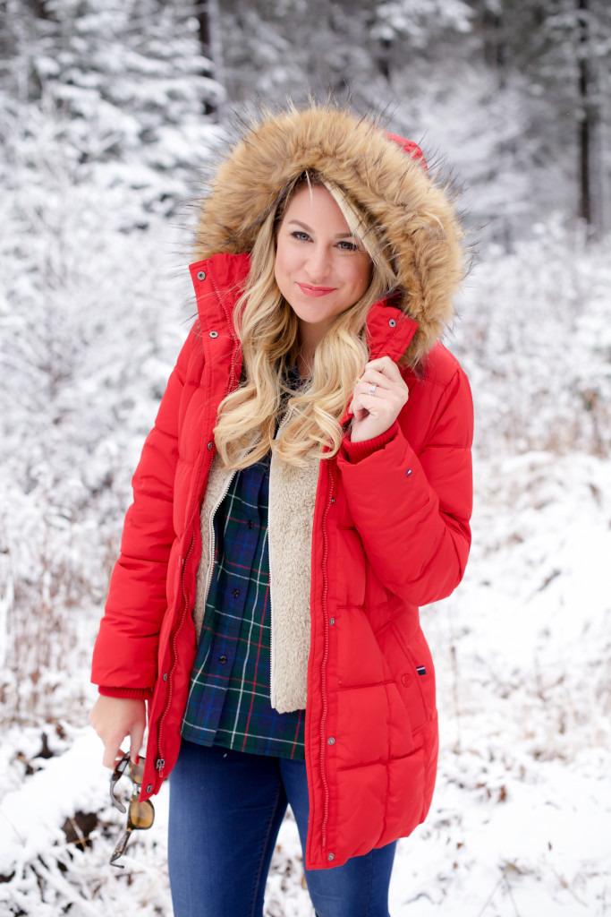 Red puffer snow coat with plaid shirt patagonia soft vest and ugg boots-6