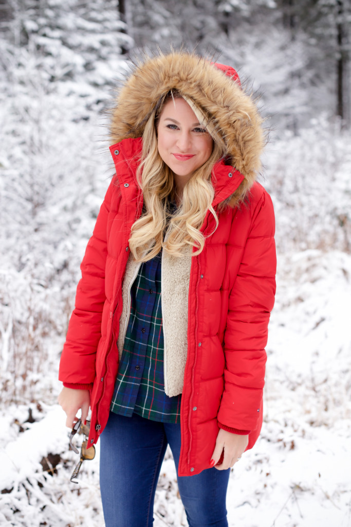 Red puffer snow coat with plaid shirt patagonia soft vest and ugg boots-7