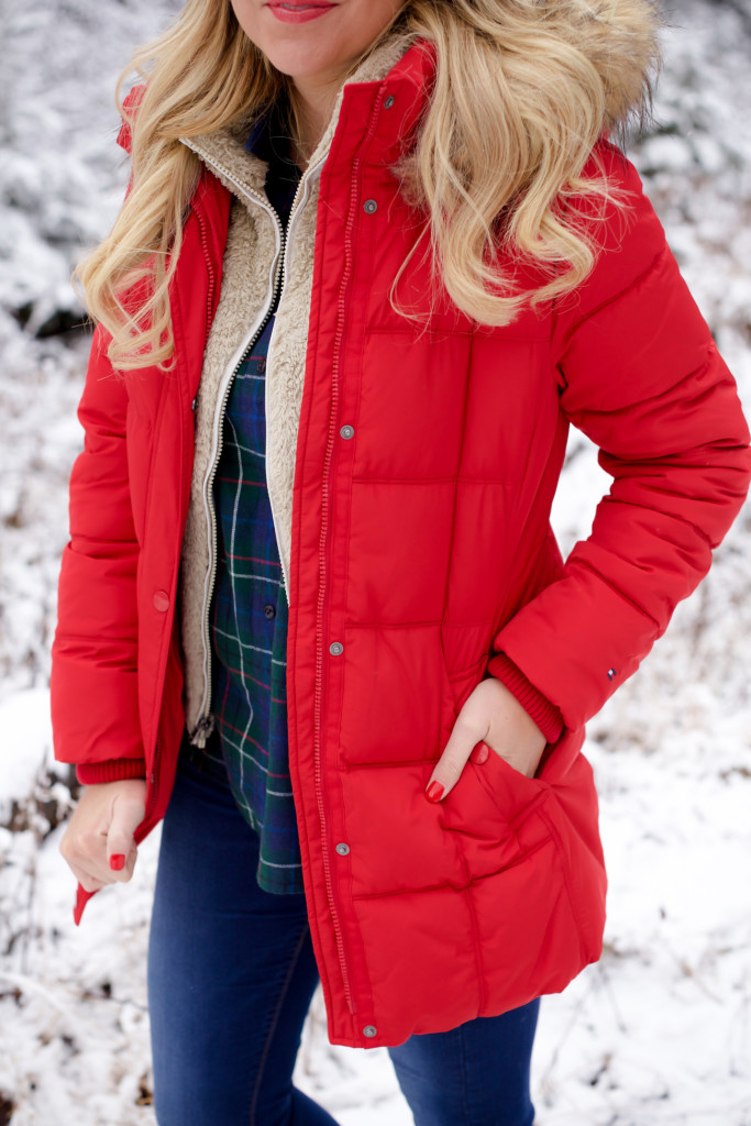 Red puffer snow coat with plaid shirt patagonia soft vest and ugg boots-9