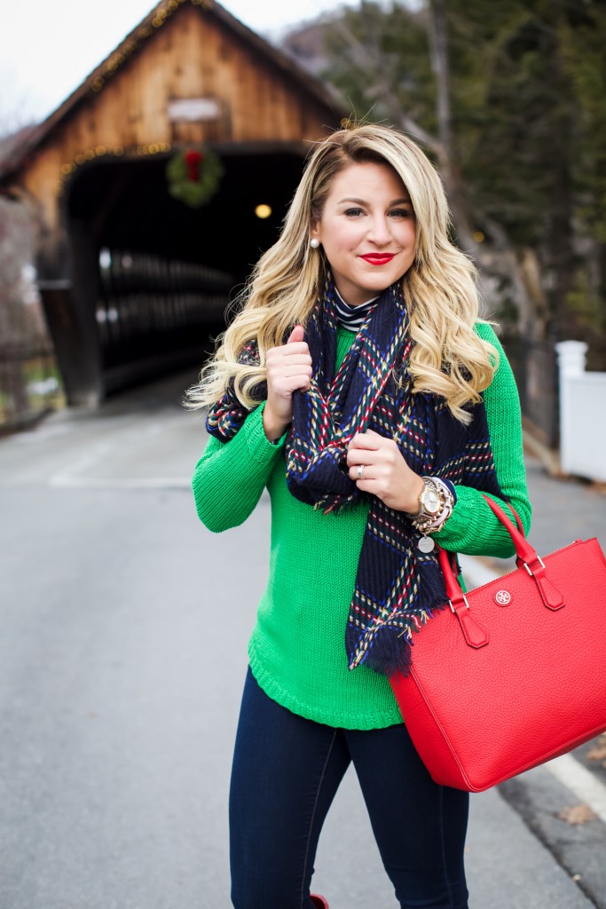 Topshop Plaid Scarf with a Vermont Covered Bridge What to wear in Winter in New England Red Hunter Boots_-11