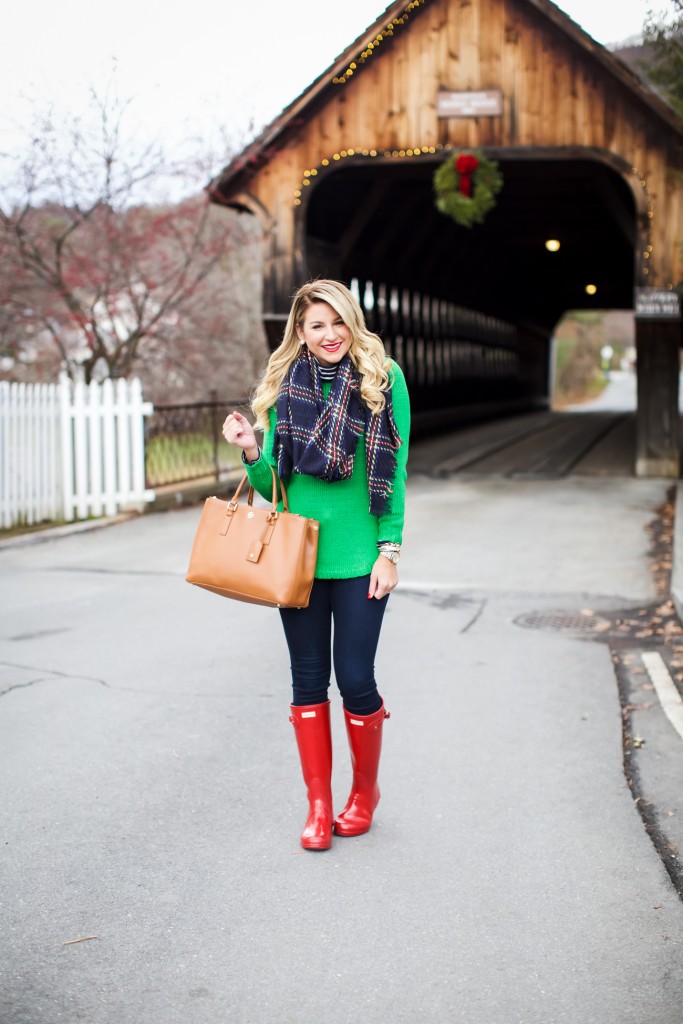 Topshop Plaid Scarf with a Vermont Covered Bridge What to wear in Winter in New England Red Hunter Boots_-3