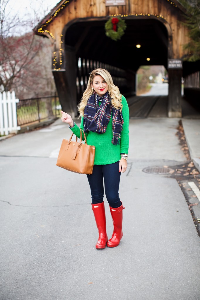 Topshop Plaid Scarf with a Vermont Covered Bridge What to wear in Winter in New England Red Hunter Boots_