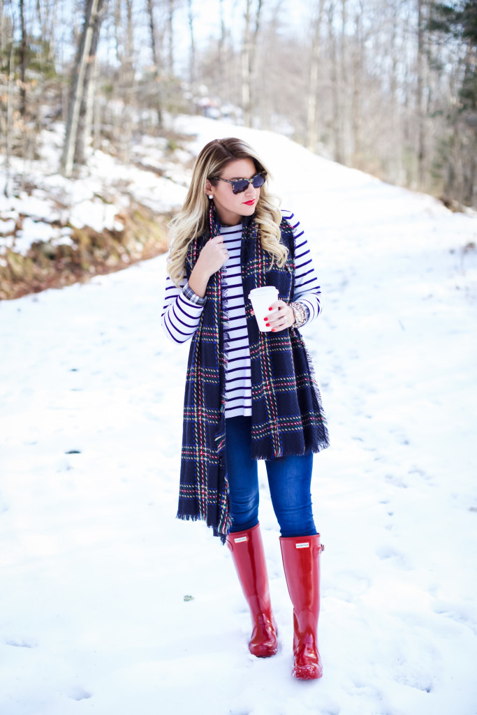 topshop plaid blanket scarf nordstrom. red tall gloss hunter boots. stripe vineyard vines sweater. karen walker sunglasses-10