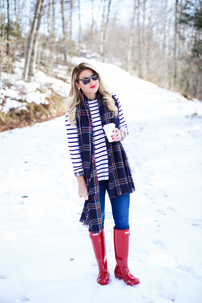 topshop plaid blanket scarf nordstrom. red tall gloss hunter boots. stripe vineyard vines sweater. karen walker sunglasses-12