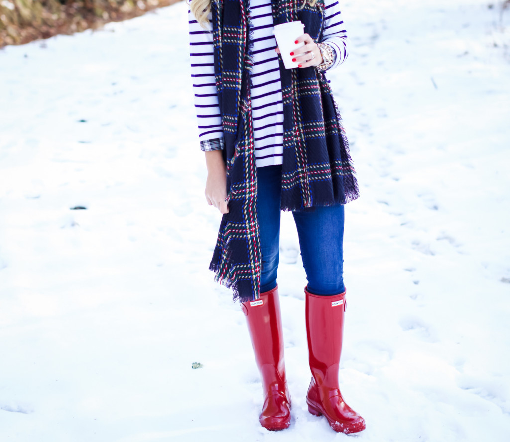 topshop plaid blanket scarf nordstrom. red tall gloss hunter boots. stripe vineyard vines sweater. karen walker sunglasses-13