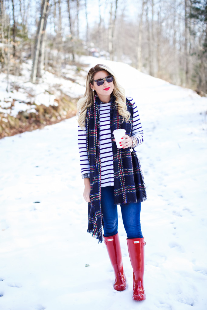topshop plaid blanket scarf nordstrom. red tall gloss hunter boots. stripe vineyard vines sweater. karen walker sunglasses-9