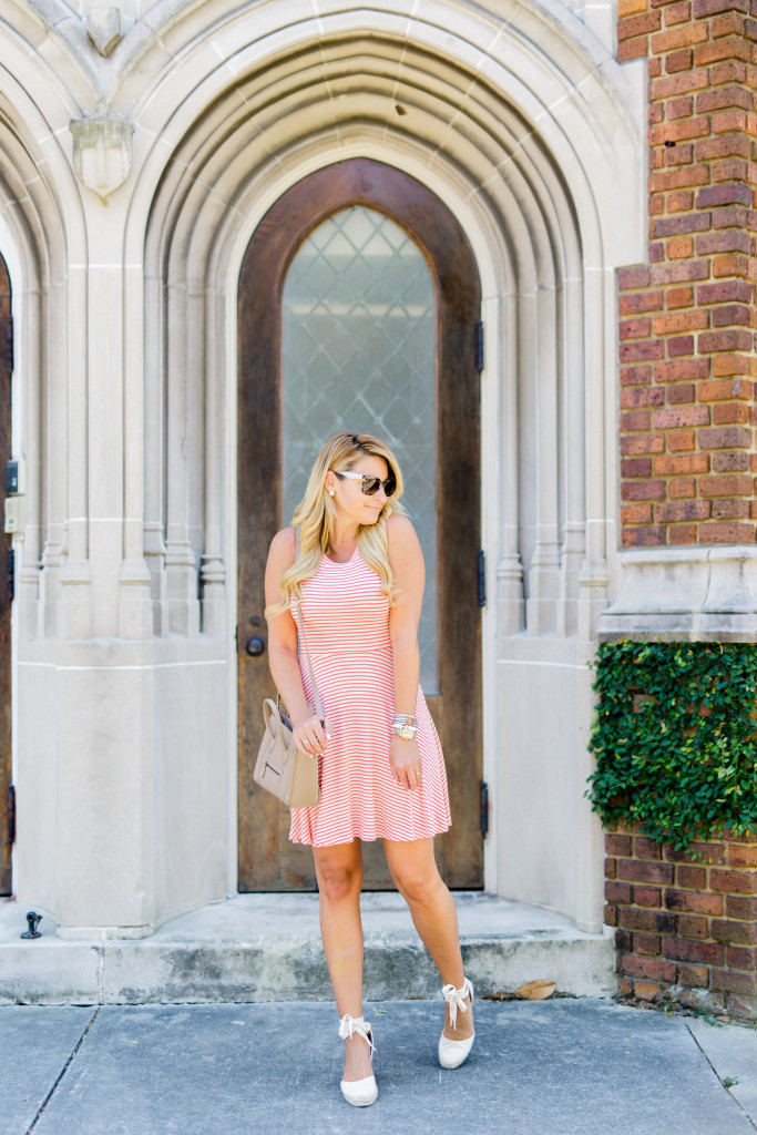 stripe fit and flare dress with celine hand bag and prada sunglasses with lace up wedges