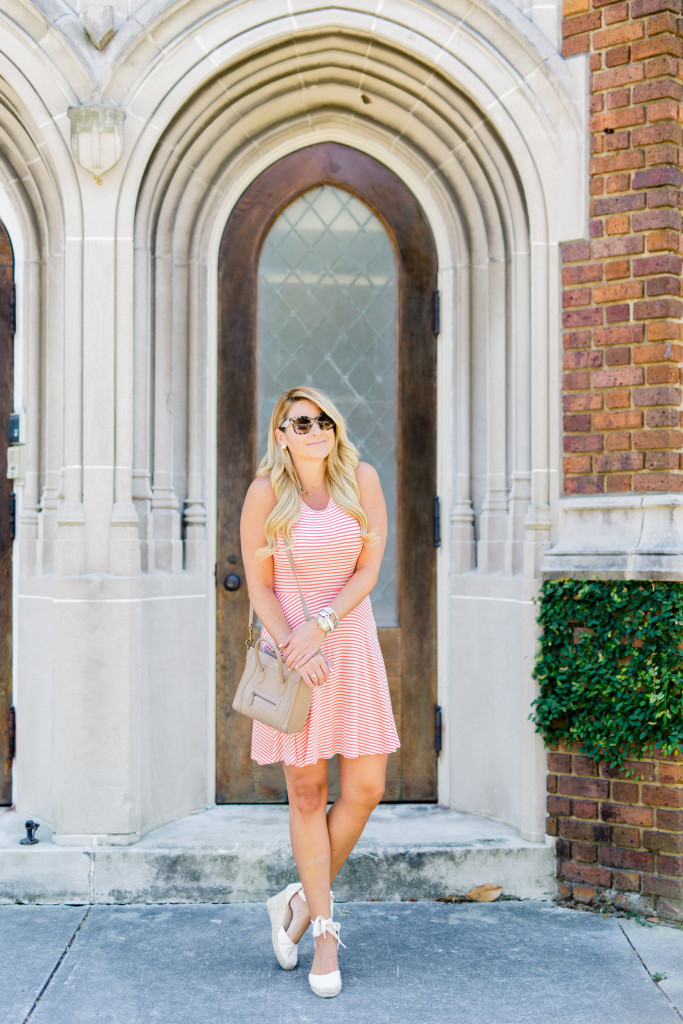 stripe fit and flare dress with celine hand bag and prada sunglasses with lace up wedges