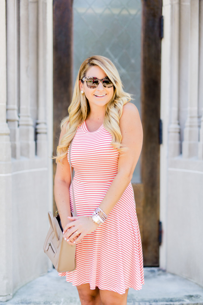 stripe fit and flare dress with celine hand bag and prada sunglasses with lace up wedges