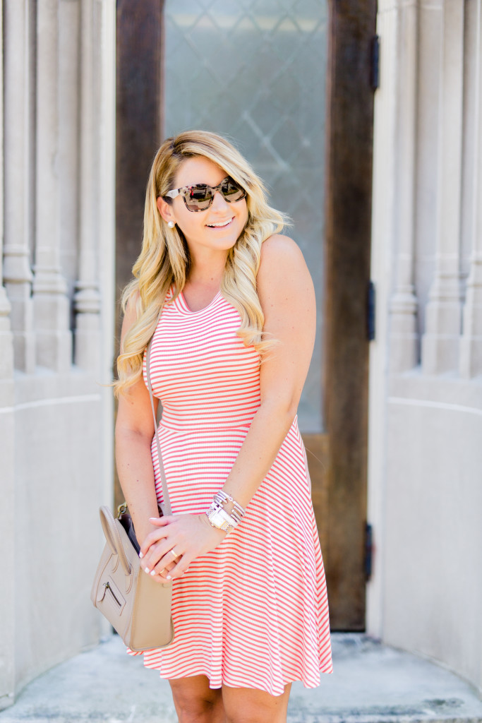 stripe fit and flare dress with celine hand bag and prada sunglasses with lace up wedges