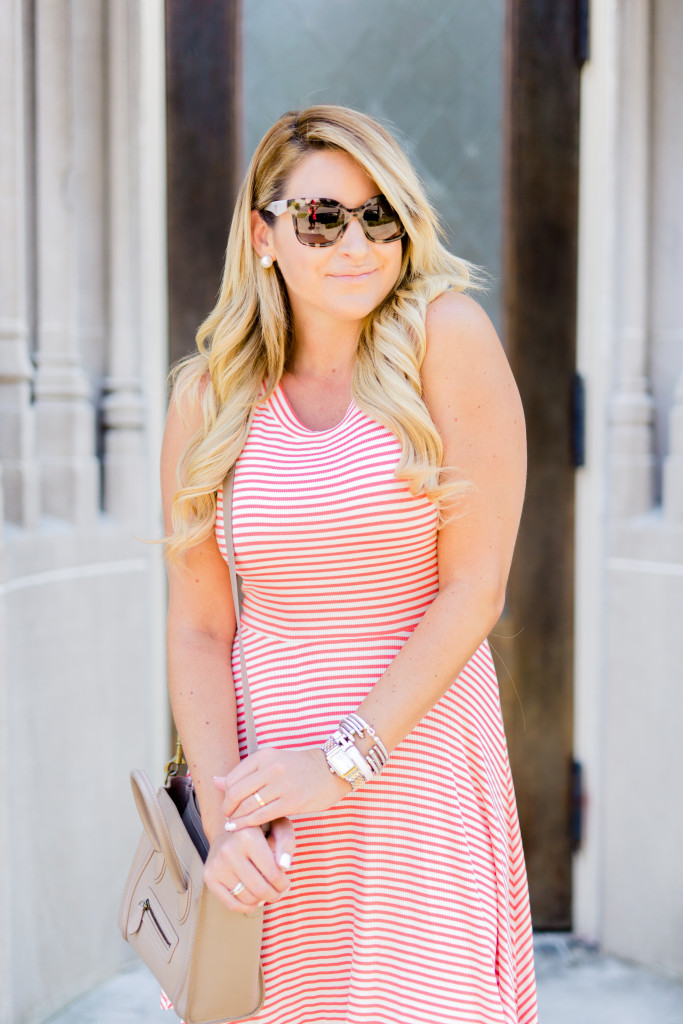 stripe fit and flare dress with celine hand bag and prada sunglasses with lace up wedges