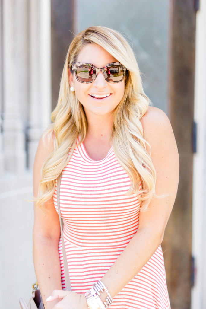 stripe fit and flare dress with celine hand bag and prada sunglasses with lace up wedges