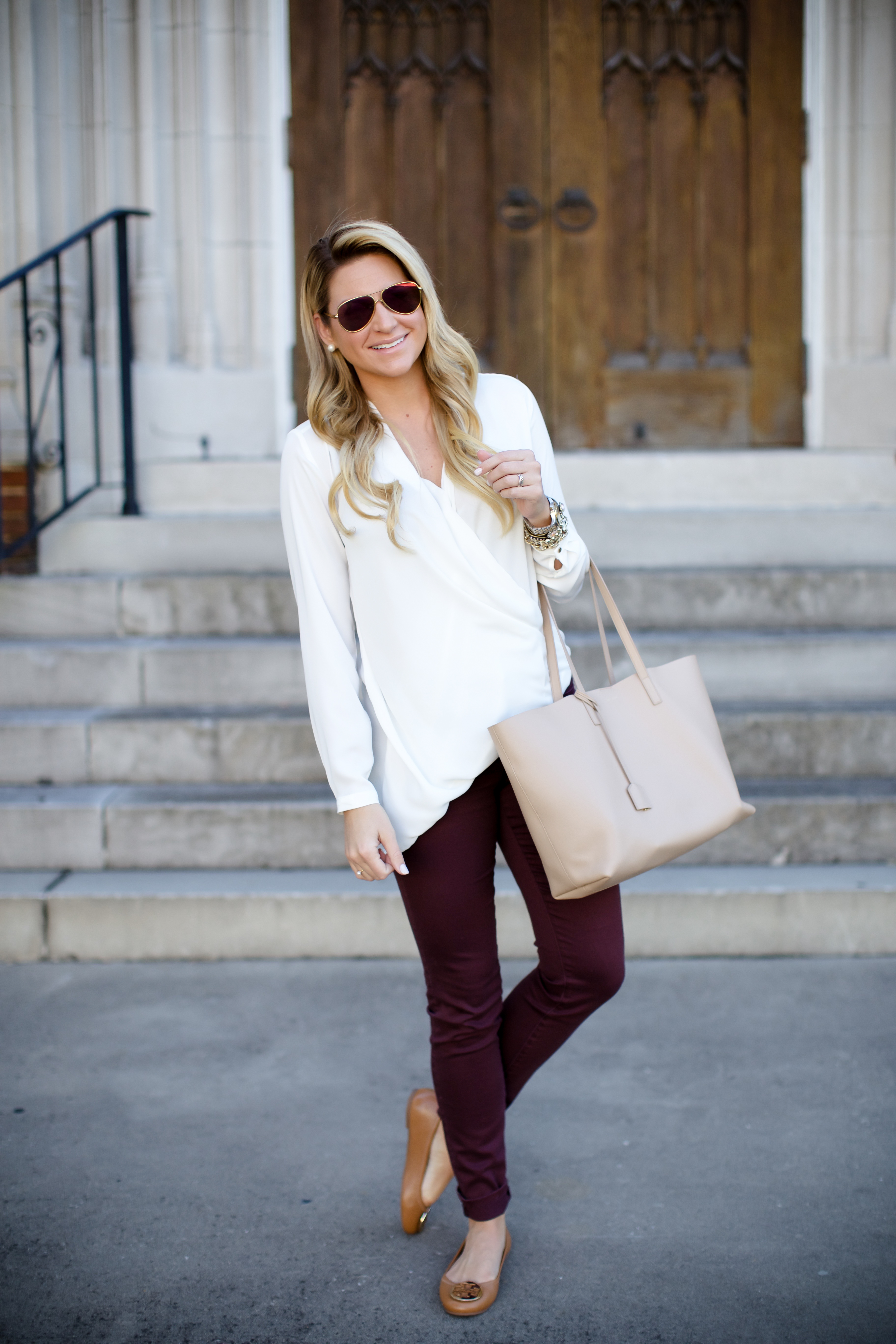River Island White Top Saint Laurent Tote Tory Burch Reva Wine Jeans-2 - SHOP DANDY | A florida based style and beauty blog Danielle