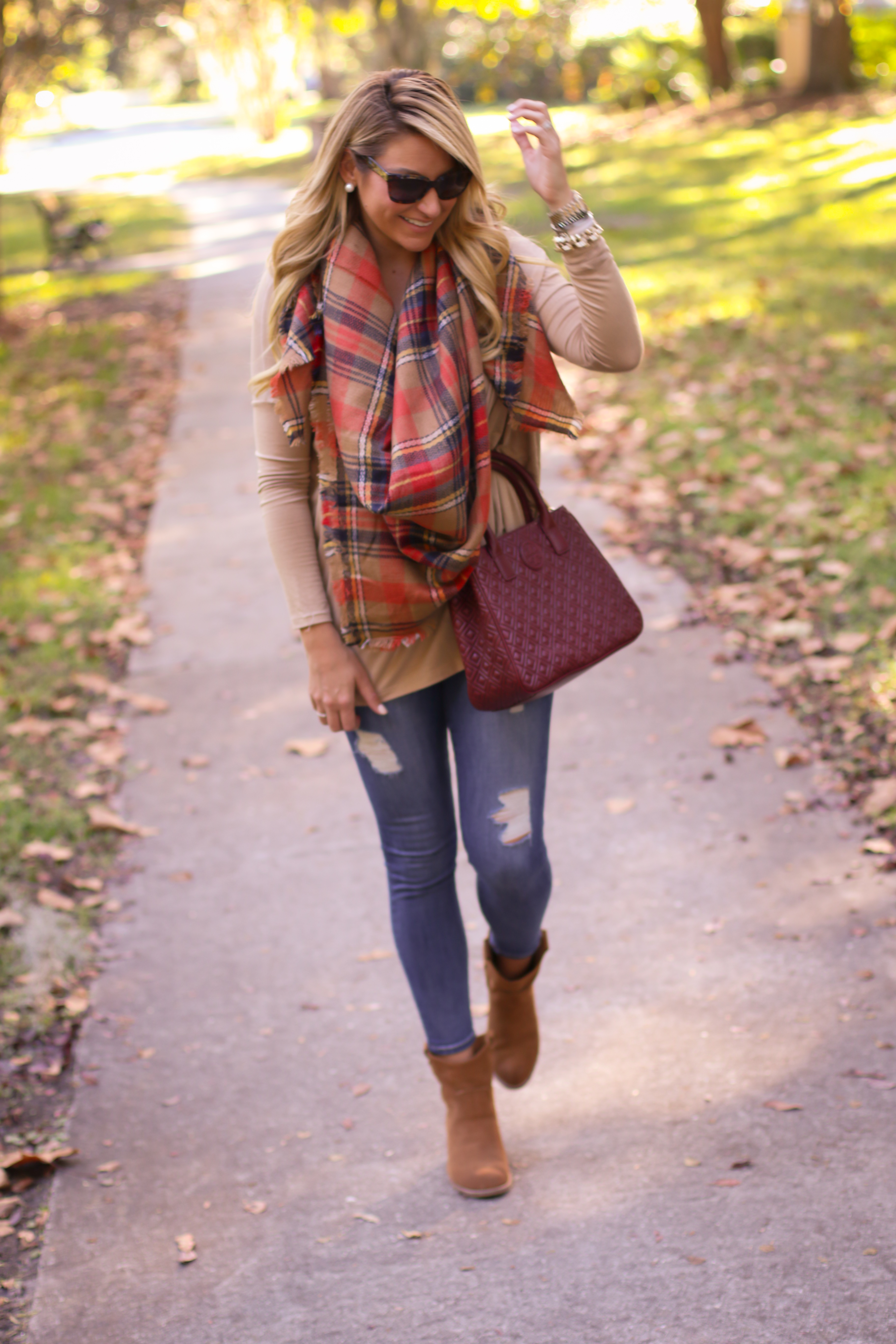 tory burch marion red agate handbag with the perfect plaid scarf nordstrom  prada sunglasses with dolce vita grayed boots_-20 - SHOP DANDY | A florida  based style and beauty blog by Danielle