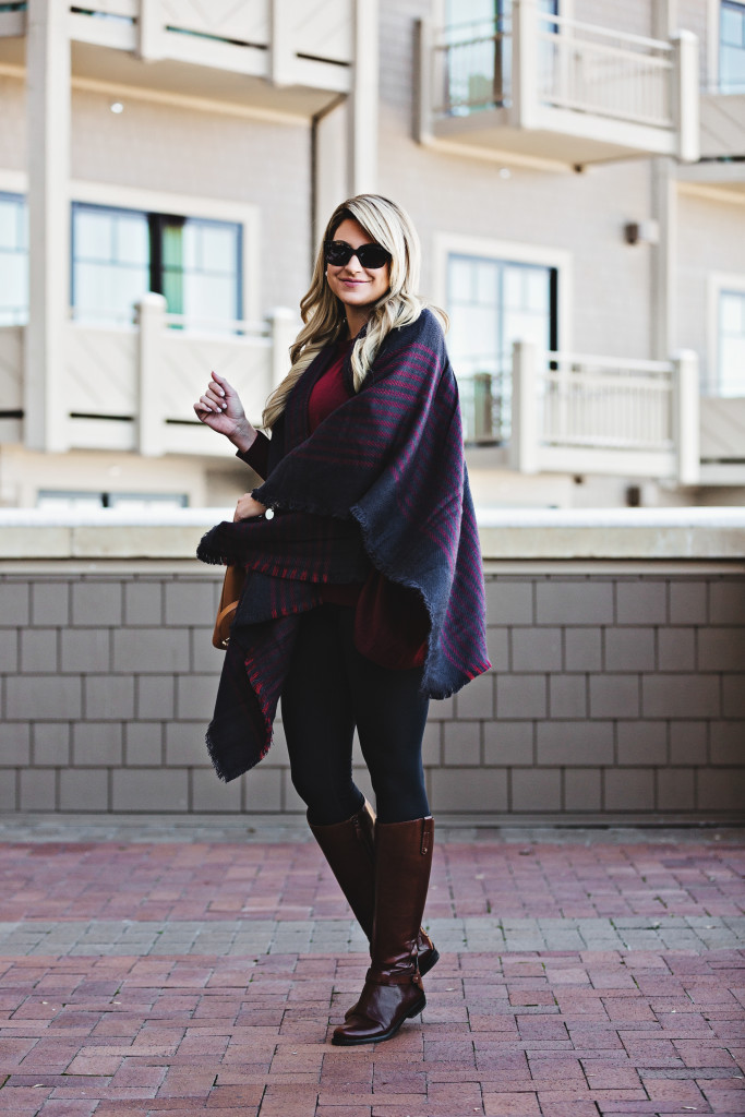 Nordstrom Navy Stripe Plaid Stripe Poncho Cape with Tory Burch Derby Boots  at Montage Deer Valley Park City Fashion_-8 - SHOP DANDY | A florida based  style and beauty blog by Danielle