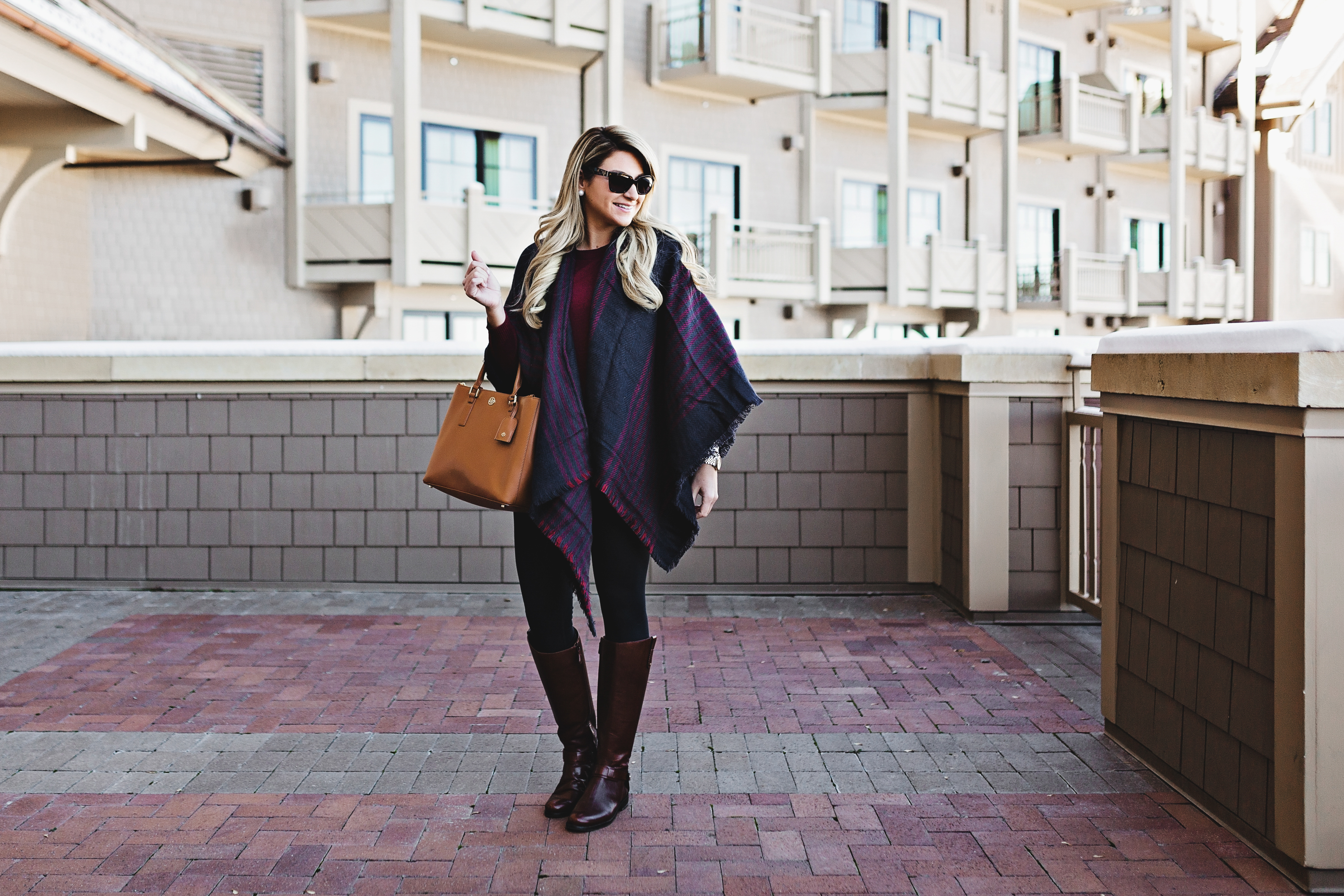 Nordstrom Navy Stripe Plaid Stripe Poncho Cape with Tory Burch Derby Boots  at Montage Deer Valley Park City Fashion_ - SHOP DANDY | A florida based  style and beauty blog by Danielle