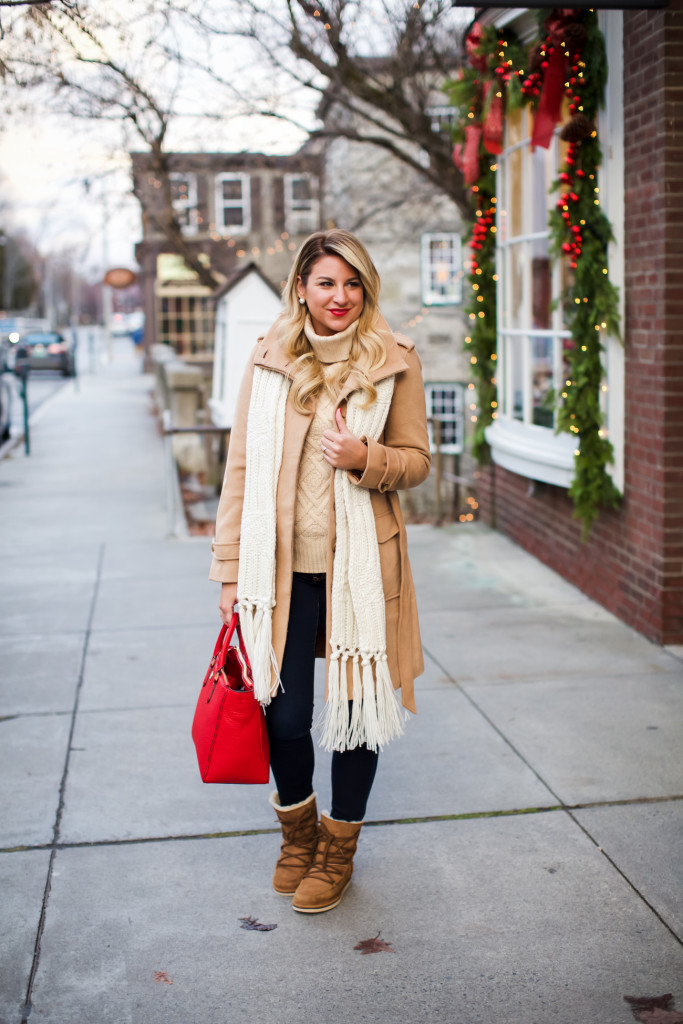 Tory Burch Robinson Tote, Topshop Knit Scarf, Loft Rolled Collar Tie Coat, J Crew Cambridge Sweater, Ugg lace Up Boots
