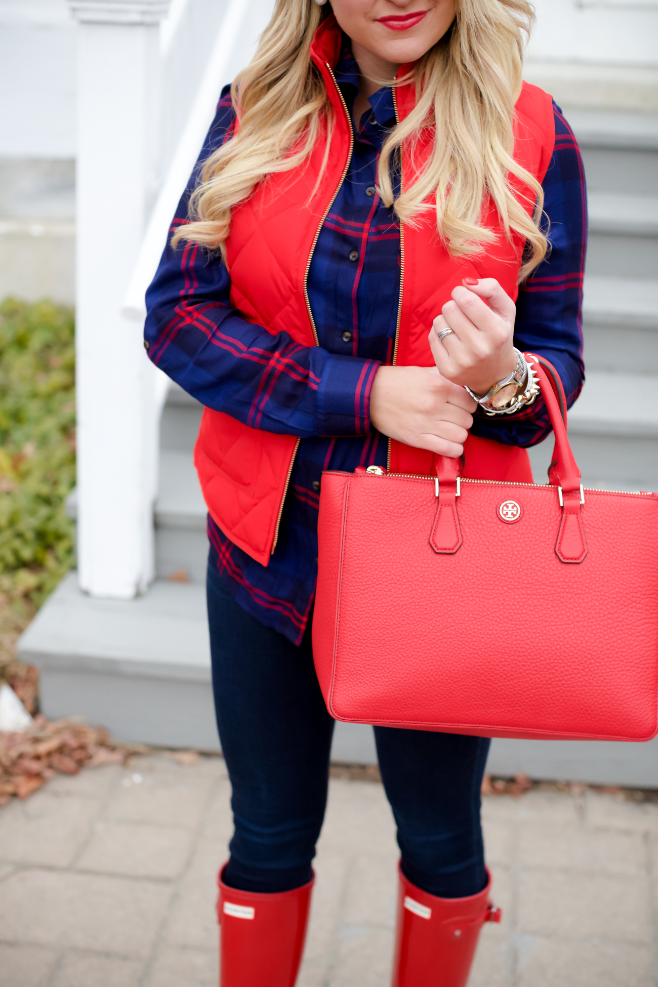 Red Poppy Vest  Nordstrom Plaid Tunic with Red Hunter Hoots and Tory  Burch Handbag. What to wear in December Christmas Party-13 - SHOP DANDY | A  florida based style and beauty
