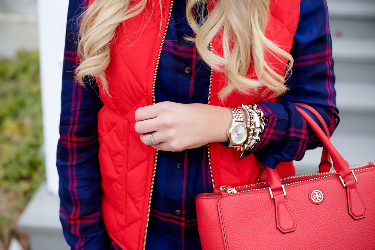 Red Poppy Vest  Nordstrom Plaid Tunic with Red Hunter Hoots and Tory  Burch Handbag. What to wear in December Christmas Party-15 - SHOP DANDY | A  florida based style and beauty