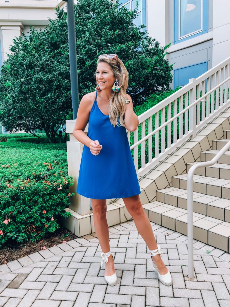 blue dessert vibes dress with bauble bar tassel earrings