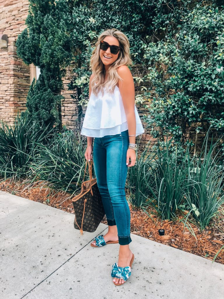 white tiered cami top with jeans